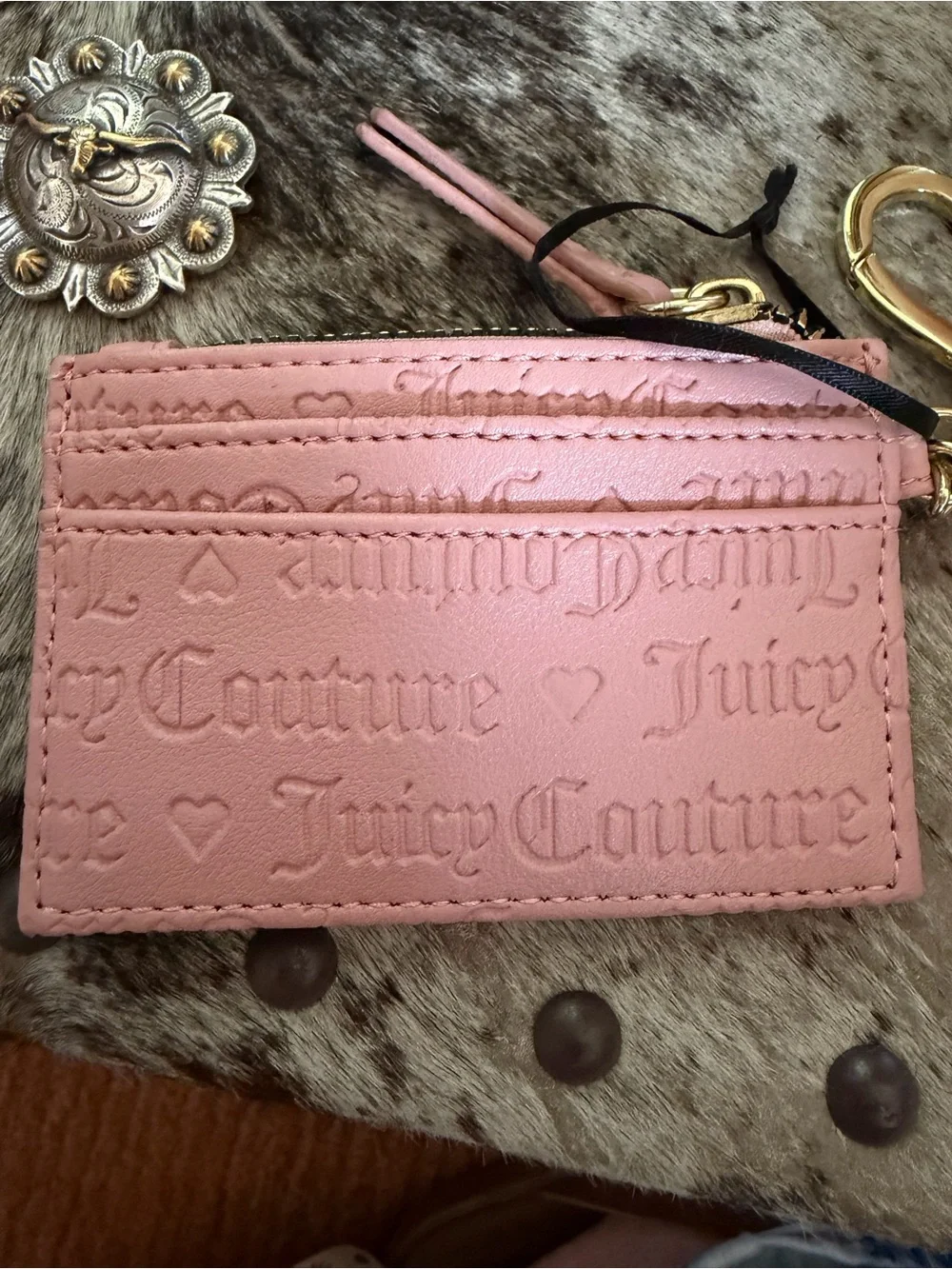 Juicy Couture Pink Card Holder with Fluffy Pom and Gold Hardware